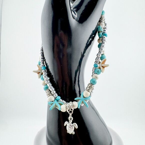 Turquoise 2 Strand Turtle Bracelet Anklet Silver Tone Beach Rustic Retro Sea - Picture 8 of 9